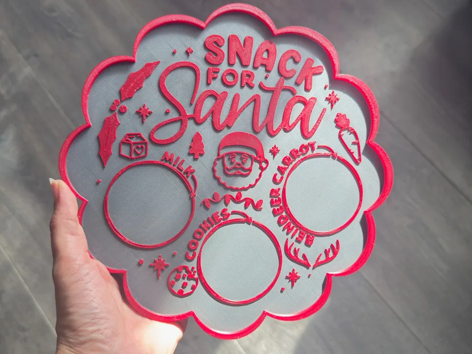 Red scalloped 'Snack for Santa' tray with spots for cookies and milk
