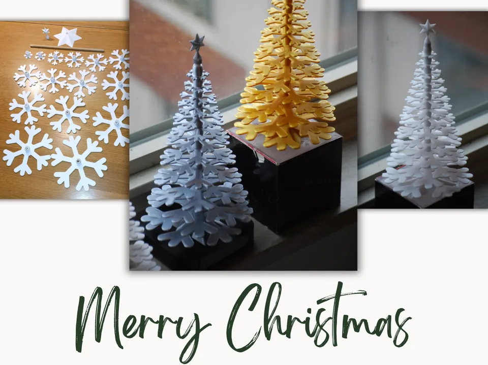 White and gold tabletop trees built from stacked snowflakes